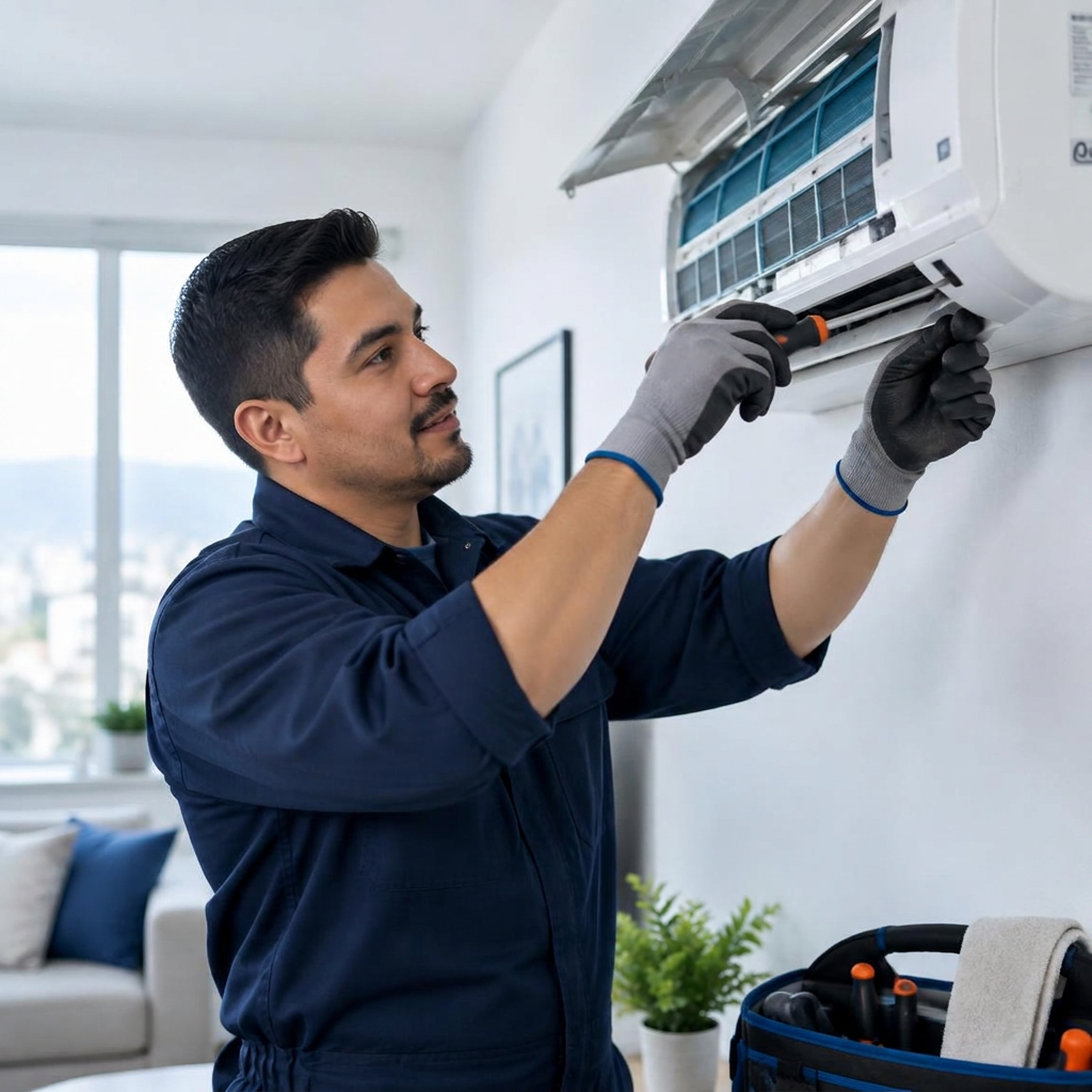 Técnico de Servicios J&F realizando el mantenimiento de un aire acondicionado split